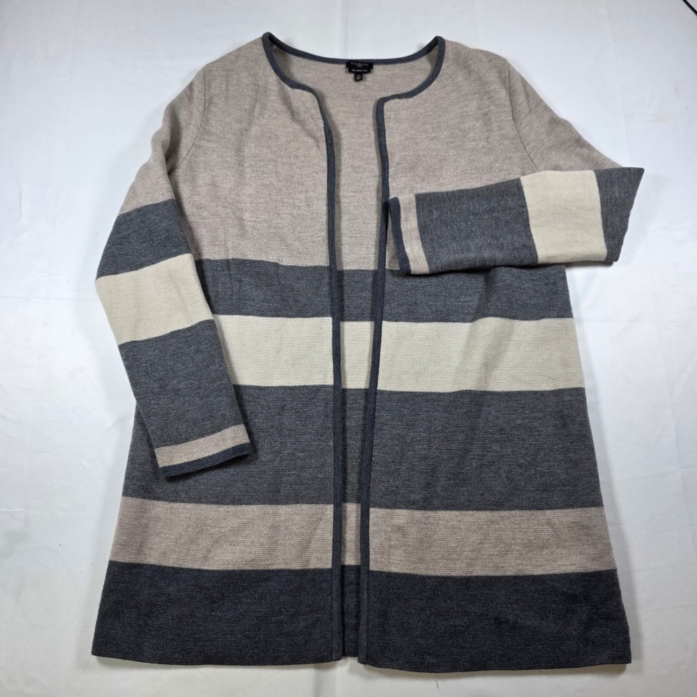 Talbots Woman 1X Pure Merino Wool Striped Open Front Cardigan Grey Tan 0791